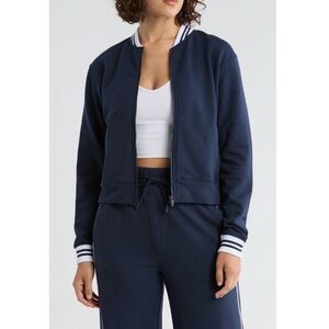 Yogalicious Cloud Plush Prime League Bomber Jacket. Navy Blue/White. NWT. Size M